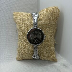 Silver and Black Quartz Rhinestone Watch